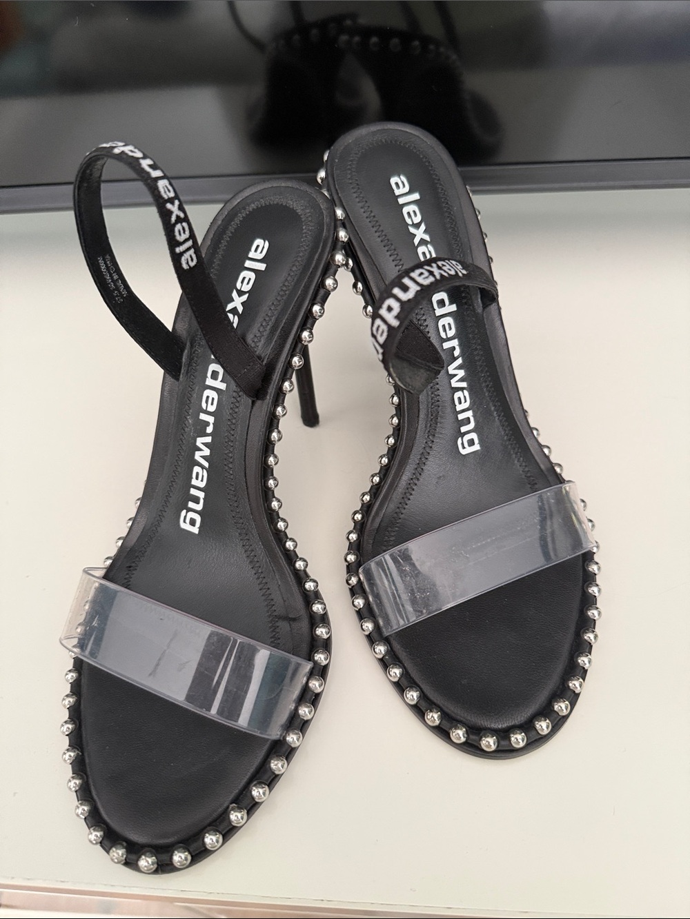Alexander Wang Black Studded Slingback Sandals with Clear Toe Strap